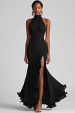 Halter Neck Black Ruffles Mermaid Long Prom Dress with Slit