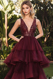 Deep V Neck Burgundy 3 Tiered Layers Floor Length Prom Dress