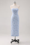 Floral Off The Shoulder Sheath Blue Midi Prom Dress