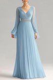 Sky Blue A Line Chiffon V-Neck Long Sleeves Prom Dress