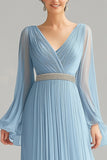 Sky Blue A Line Chiffon V-Neck Long Sleeves Prom Dress