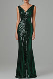 Dark Green Mermaid V-Neck Sequins Pleated Prom Dress