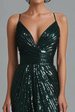 Dark Green Mermaid Spaghetti Straps Sequins Prom Dress