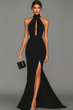 Black Mermaid Halter Neck Satin Prom Dress