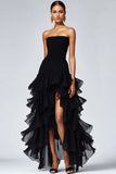 Black Strapless Tulle Tiered Ruffles Prom Dress