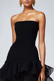 Black Strapless Tulle Tiered Ruffles Prom Dress