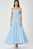 Off the Shoulder Sky Blue A Line Ruched Chiffon Prom Dress