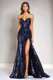 Sparkly Sequins Mermaid Navy Strapless Tight Prom Dress with Slit