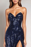 Sparkly Sequins Mermaid Navy Strapless Tight Prom Dress with Slit