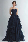 Organza Navy Tiered Strapless A Line Prom Dress