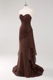 Dark Brown Sweetheart Ruched Ruffled Prom Dress