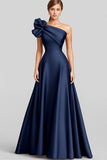 Navy A-Line Ruffled One Shoulder Satin Long Prom Dress