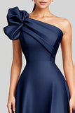 Navy A-Line Ruffled One Shoulder Satin Long Prom Dress