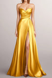 Yellow A-Line Strapless Wrap Ruched Satin Long Prom Dress with Slit