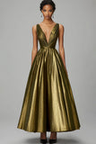 Sparkly Dark Gold A-Line V Neck Ruched Ankle Length Prom Dress