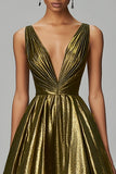 Sparkly Dark Gold A-Line V Neck Ruched Ankle Length Prom Dress