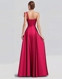 Fuchsia A-Line One Shoulder Bow Satin Long Prom Dress