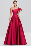 Fuchsia A-Line One Shoulder Bow Satin Long Prom Dress