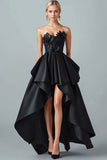 Sparkly Black Hi-Low A-Line Strapless 3D Flowers Ruffle Satin Prom Dress