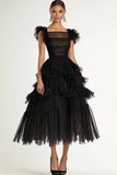 Black A-Line Flatter Sleeves Ruffles Tulle Tea Length Prom Dress