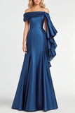 Dark Blue Mermaid Off the Shoulder Ruffles Satin Prom Dress