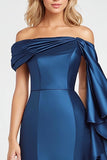 Dark Blue Mermaid Off the Shoulder Ruffles Satin Prom Dress