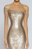 Sparkly Champagne Mermaid Off the Shoulder Sequins Long Prom Dress
