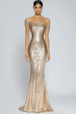 Sparkly Champagne Mermaid Off the Shoulder Sequins Long Prom Dress
