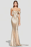Sparkly Mermaid Champagne Off Shoulder Pleated Prom Dress with Sequins