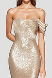 Sparkly Mermaid Champagne Off Shoulder Pleated Prom Dress with Sequins