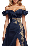 Sparkly Small Puff Sleeves Navy Blue Beaded Satin A Line Prom Dress with Slit