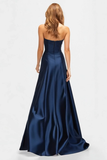 Beaded Navy Blue A Line Sweetheart Satin Sparkly Prom Dress with Slit