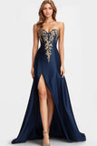 Beaded Navy Blue A Line Sweetheart Satin Sparkly Prom Dress with Slit