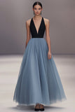 V Neck Black Blue Pleated Tulle Long Prom Dress