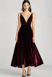 Burgundy Spaghetti Straps V Neck Velvet Prom Dress