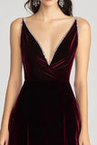 Burgundy Spaghetti Straps V Neck Velvet Prom Dress