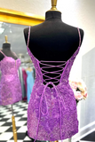 Purple Sequins Lace-Up Back Tight Short Homecoming Dress