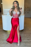 Sparkly Mermaid Corset Red Satin Prom Dress with Slit