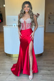 Sparkly Mermaid Corset Red Satin Prom Dress with Slit