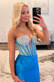 Corset Royal Blue Mermaid Strapless Prom Dress With Slit