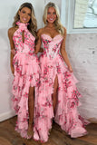 Blush Floral Print Tiered Tulle Corset Strapless Prom Dress