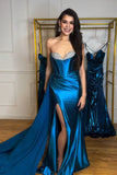 Corset Blue Metallic Strapless Prom Dress with Slit