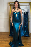 Metallic Halter Blue Mermaid Hollow Out Prom Dress with Slit