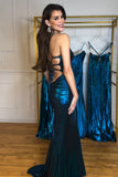 Metallic Halter Blue Mermaid Hollow Out Prom Dress with Slit