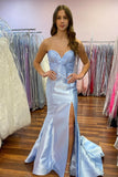 Strapless Satin Blue Mermaid Prom Dress with Slit