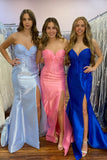 Strapless Satin Blue Mermaid Prom Dress with Slit