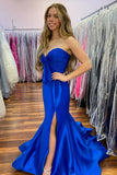 Strapless Satin Blue Mermaid Prom Dress with Slit