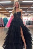 Corset Strapless Black Tiered Prom Dress with Slit