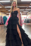 Corset Strapless Black Tiered Prom Dress with Slit
