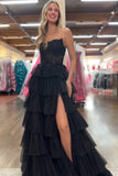 Corset Strapless Black Tiered Prom Dress with Slit